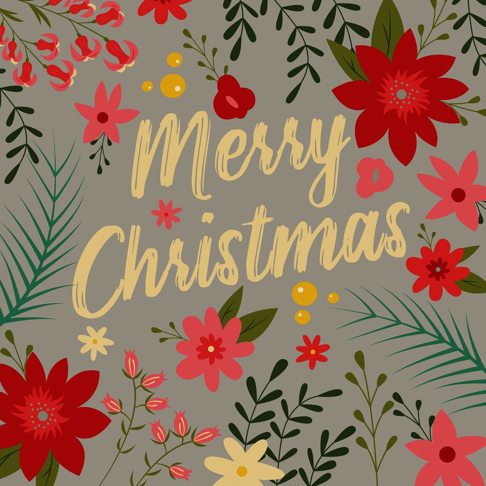 Typographic Merry Christmas card with floral decorative elements, vector illustration