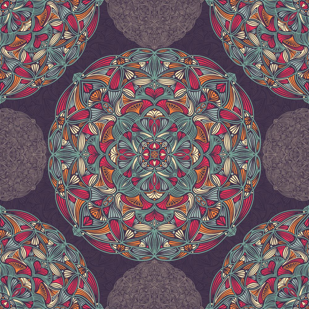 Seamless pattern with ornamental floral ethnic mandalas, vector illustration