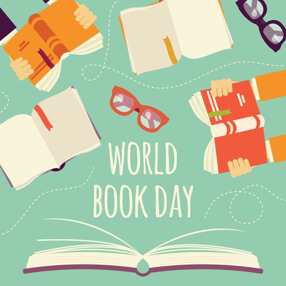 World book day, open book with hands holding books and glasses, vector illustration