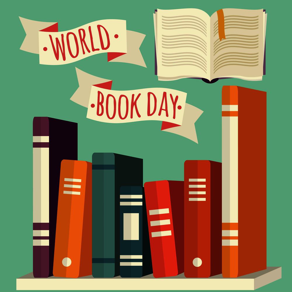 World book day, books on shelf with festive banner, vector illustration