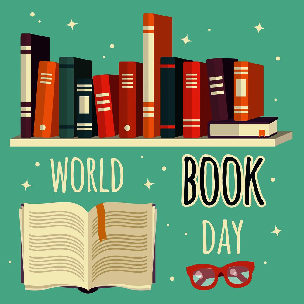World book day, books on shelf and open book with glasses, vector illustration