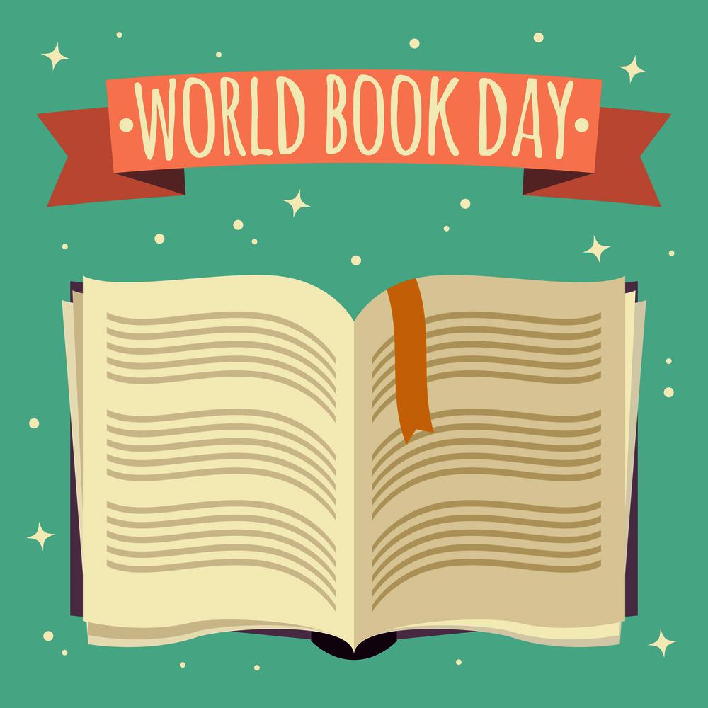 World book day, open book with festive banner, vector illustration