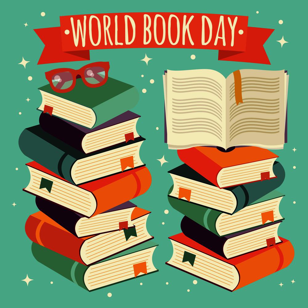 World book day, open book on stack of books with glasses on mint background, vector illustration