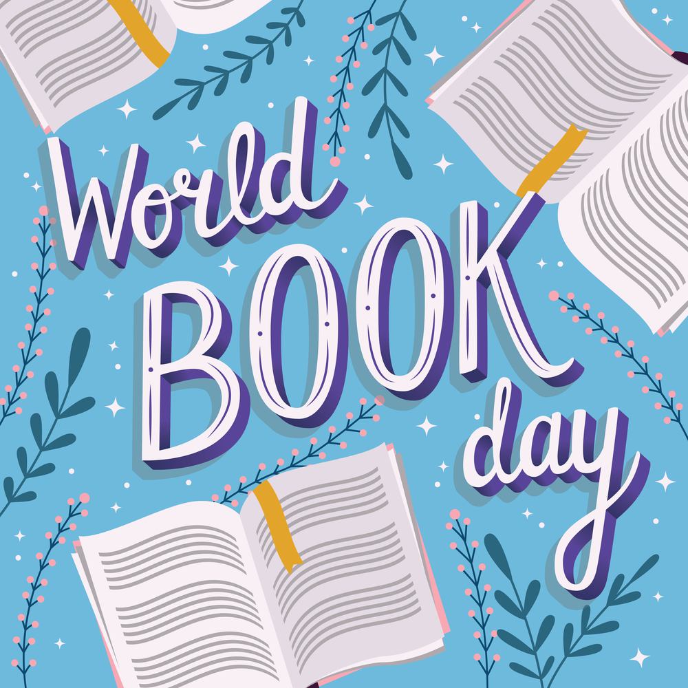 World book day, hand lettering typography modern poster design with open books, vector illustration