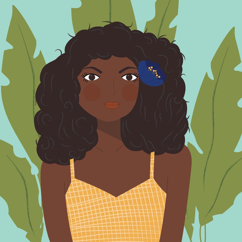 Portrait of an african american girl with dark hair wearing patterned shirt, on blue background with green plants, flat vector illustration