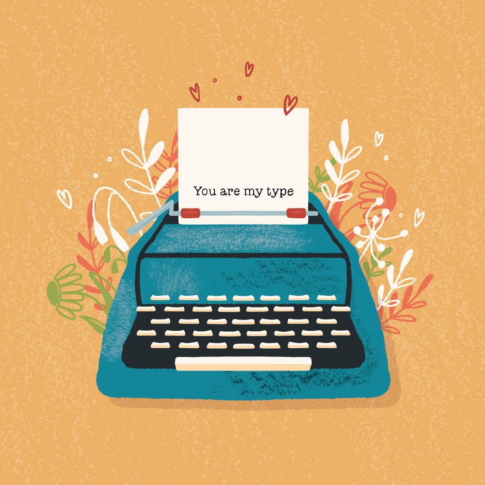 Typewriter and love note with hand lettering. Colorful hand drawn illustration for Happy Valentine&rsquo;s day. Greeting card with flowers and decorative elements.