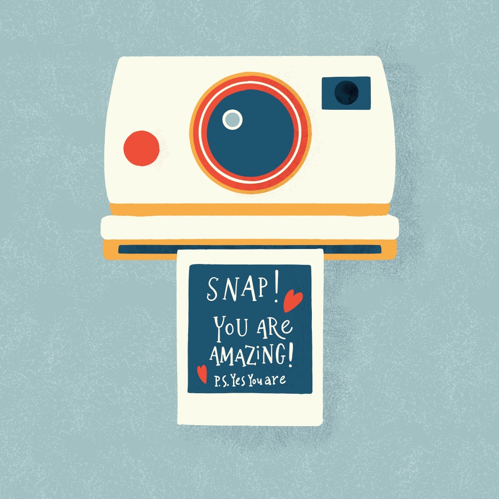 Instant camera with a photo and love message. Colorful hand drawn illustration with handlettering for Happy Valentine&rsquo;s day. Greeting card.