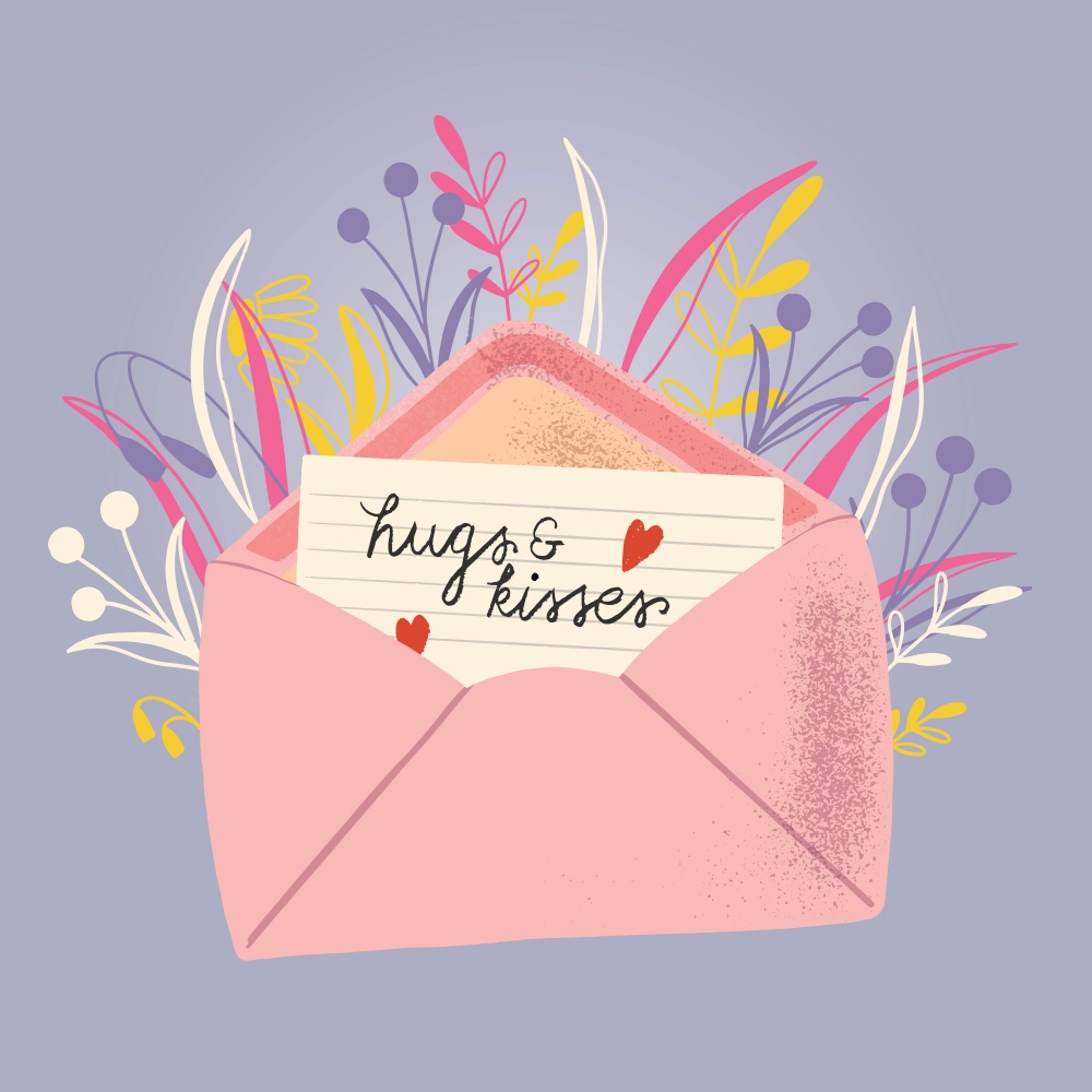 Envelope with love letter. Colorful hand drawn illustration with handlettering for Happy Valentine&rsquo;s day. Greeting card with flowers and decorative elements.