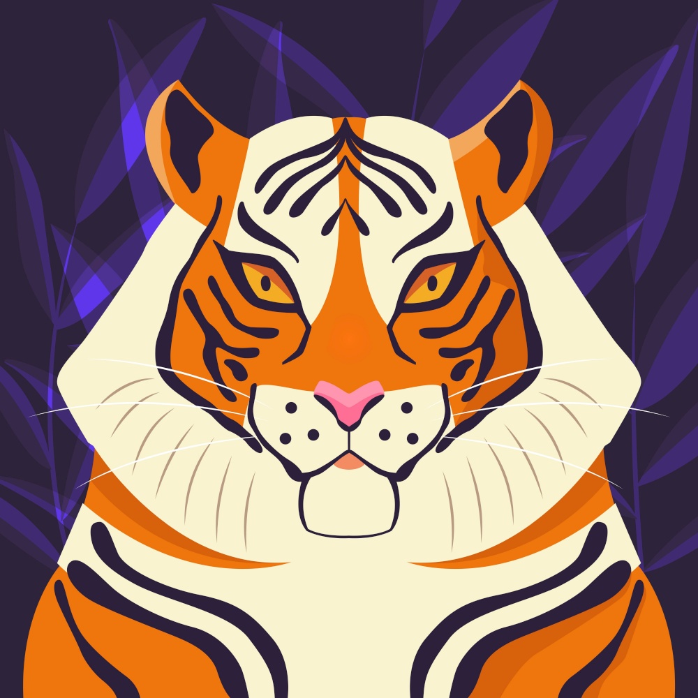 Colorful portrait of beautiful tiger on purple background. Hand drawn wild animal. Big cat.