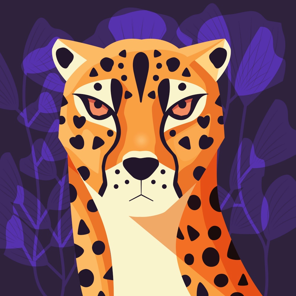 Colorful portrait of beautiful cheetah on purple background. Hand drawn wild animal. Big cat.