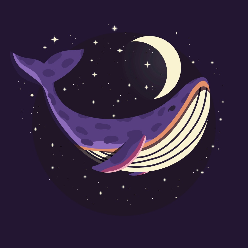 Colorful illustration portrait of cute whale in space with moon and stars. Hand drawn wild animal.