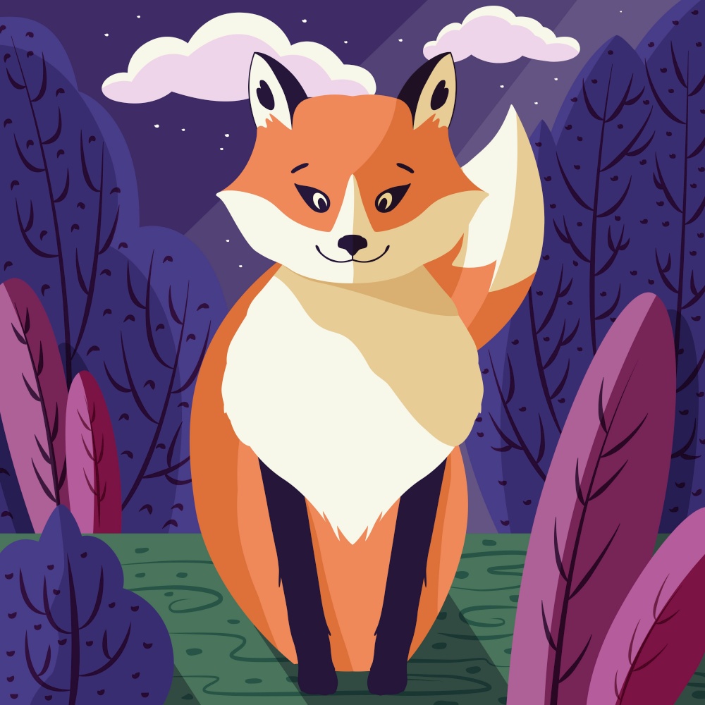 Colorful illustration portrait of cute red fox in forest at sunset. Hand drawn wild animal.