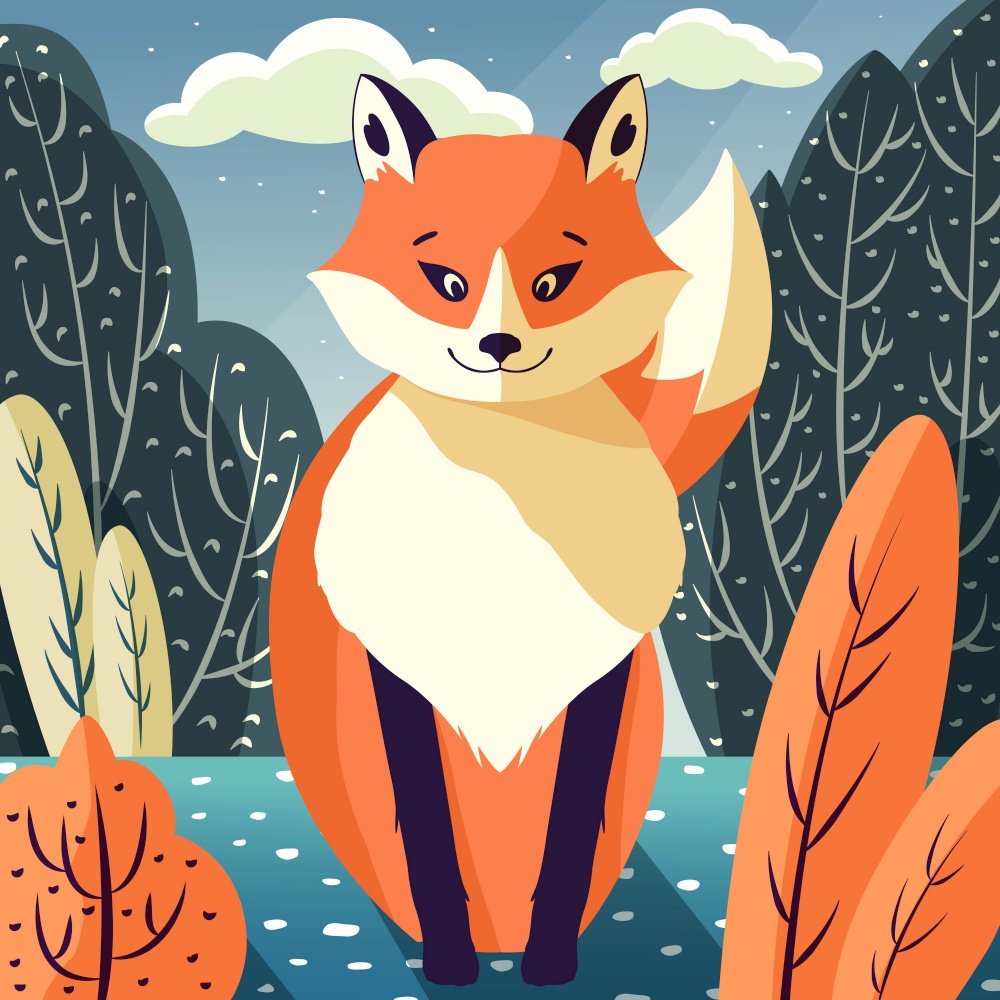 Colorful illustration portrait of cute red fox in forest, sunny day. Hand drawn wild animal.