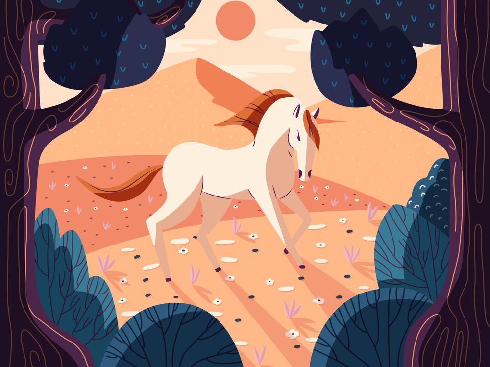 Colorful illustration portrait of a beautiful horse in nature. Wild animal in forest and meadow. Hand drawn animal. Vector.