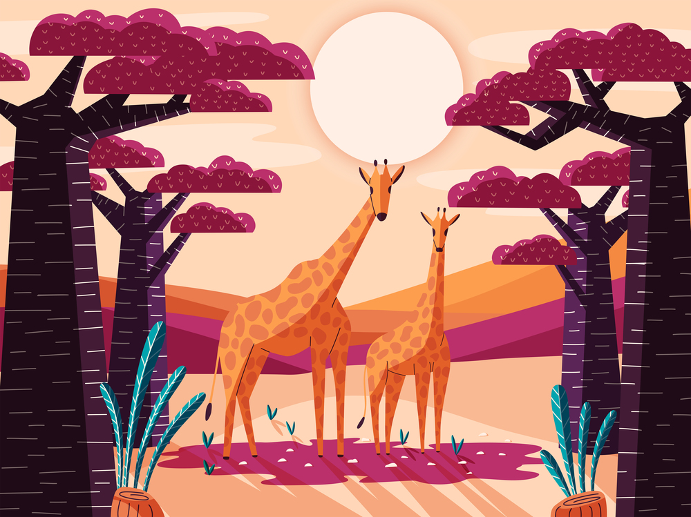 Beautiful natural savannah landscape with giraffes and baobab trees. Panoramic colorful illustration with wild animals. Exotic scenery of African nature.