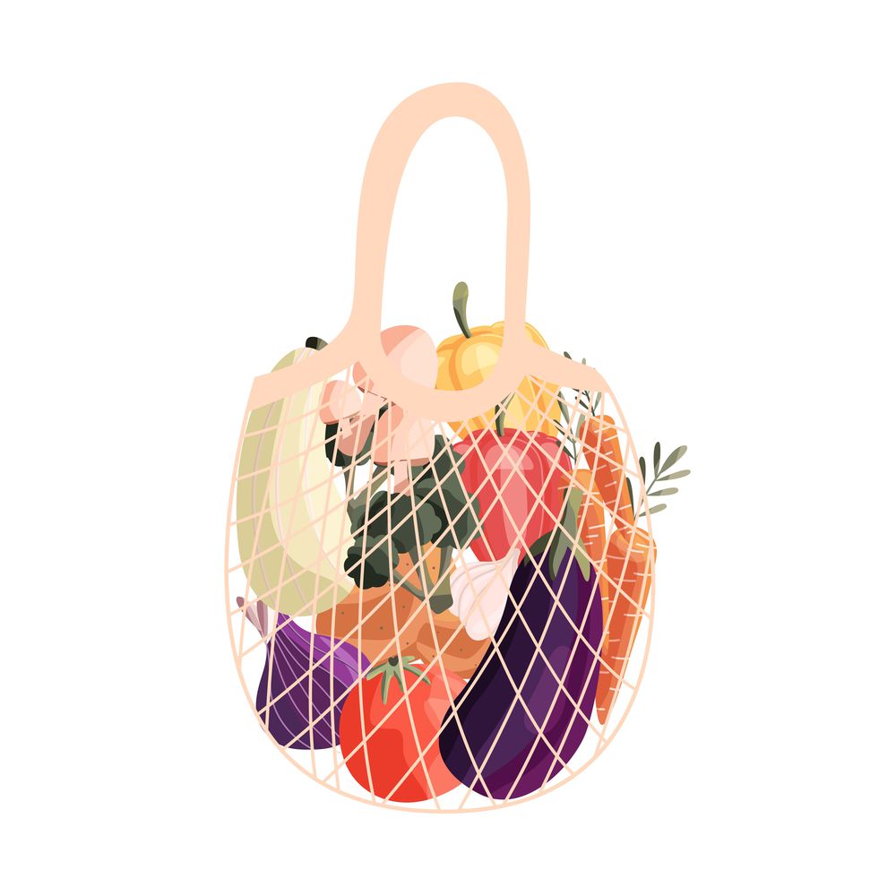 Reusable shopping bag full of fresh vegetables. Grocery and farmers market purchase with organic natural food. Vector illustration.