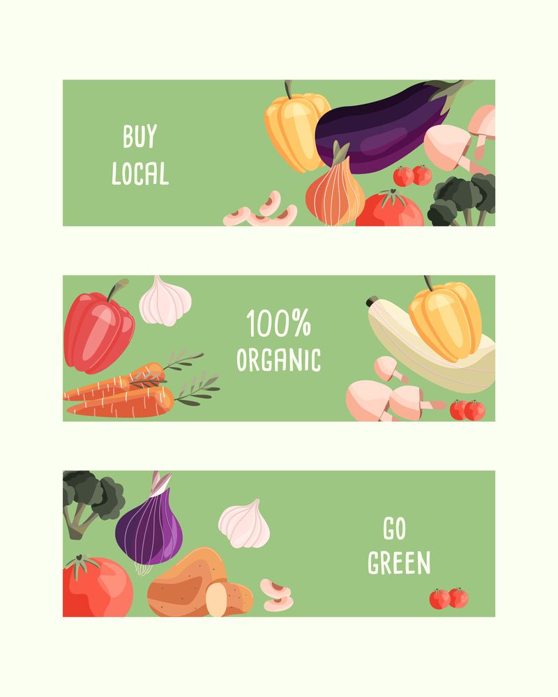 Three horizontal banner templates with fresh organic vegetables and place for text. Colorful hand drawn natural food. Vector illustration.