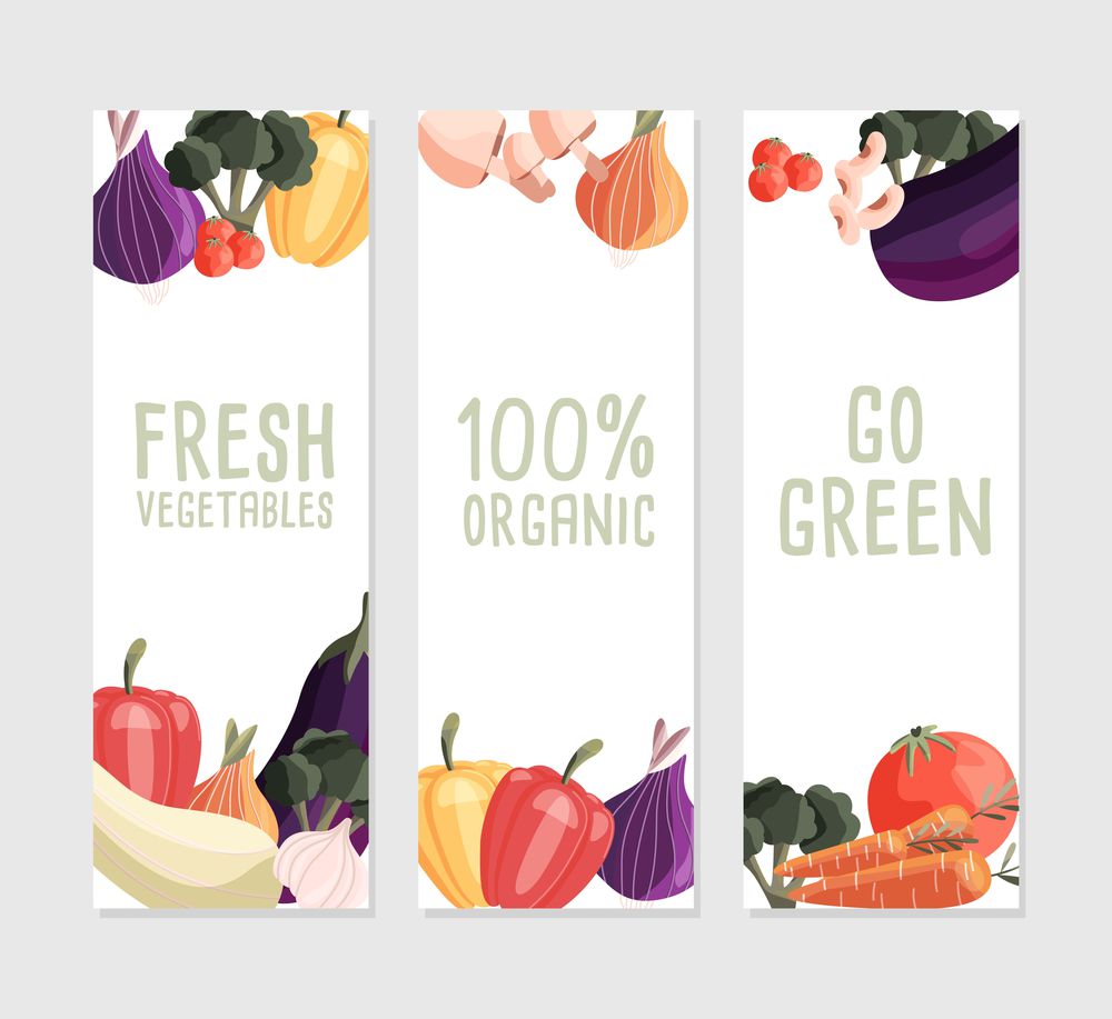 Three vertical banner templates with fresh organic vegetables and place for text. Colorful hand drawn natural food on white background. Vector illustration.