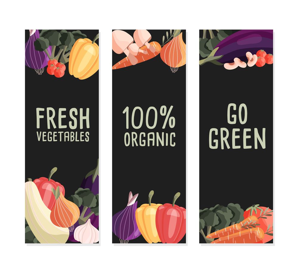 Three vertical banner templates with fresh organic vegetables and place for text. Colorful hand drawn natural food on dark green background. Vector illustration.