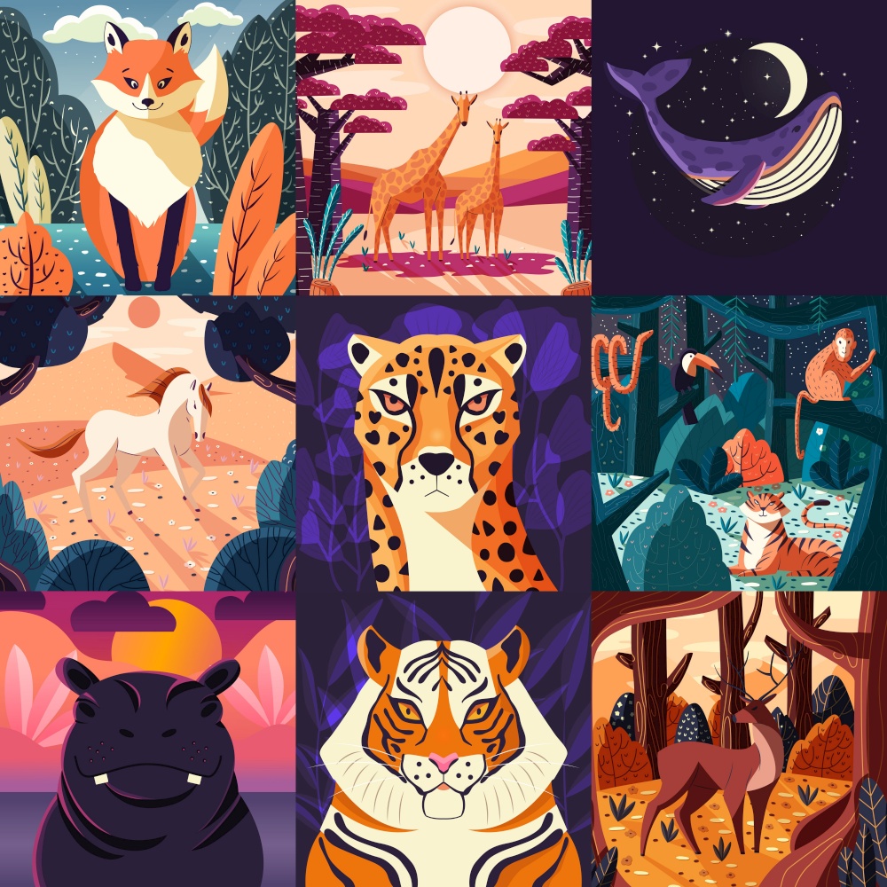 Collection of nine hand drawn illustrations of animals and nature. Beautiful landscapes and wildlife.