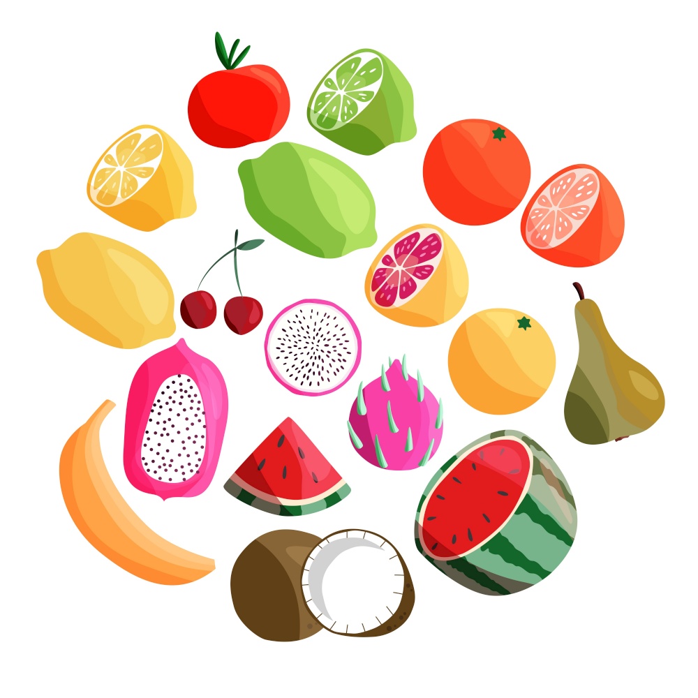 Collection of exotic tropical fruit, isolated on white background. Colorful flat vector illustration.