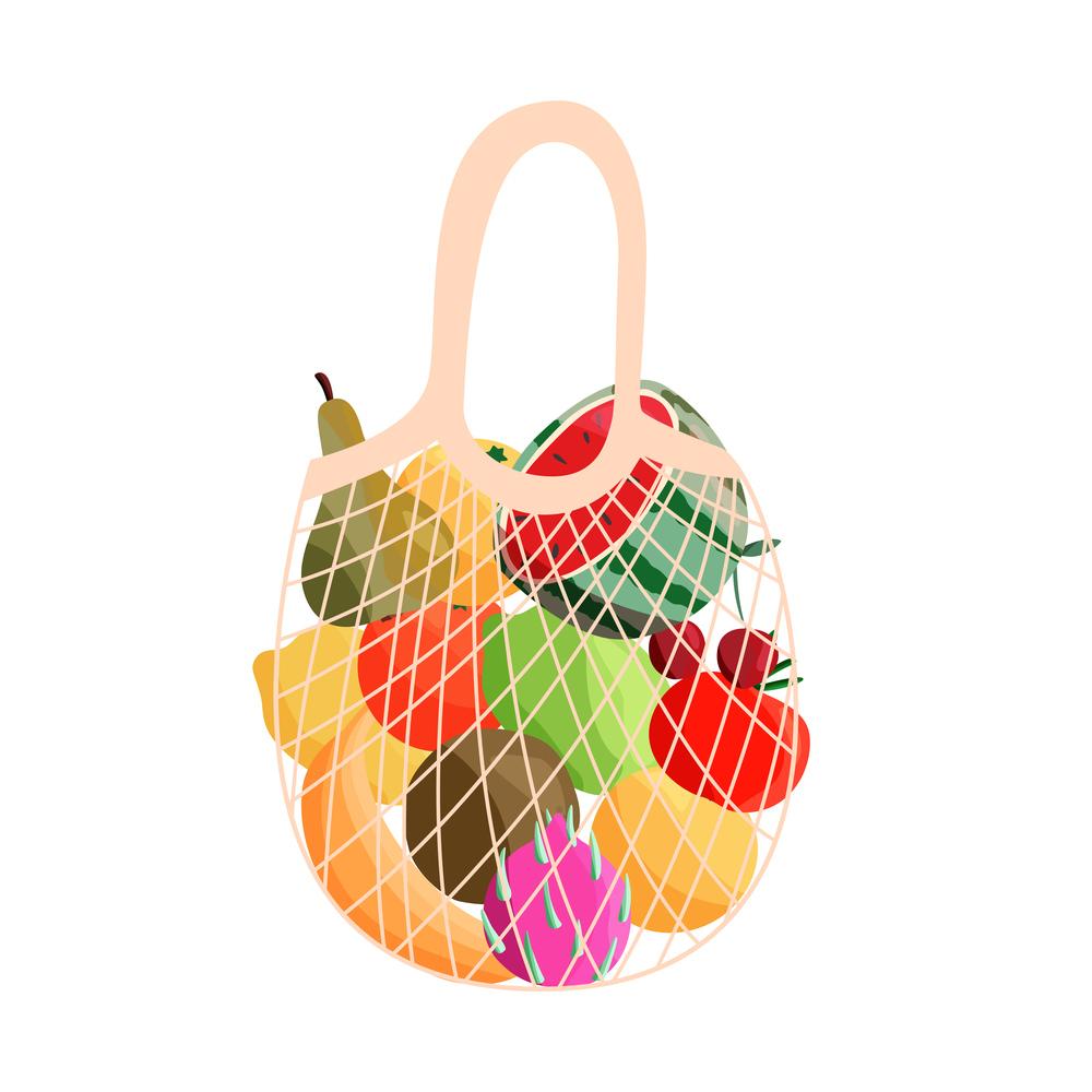Reusable shopping bag full of fresh fruit. Grocery and farmers market purchase with organic natural food. Vector illustration.