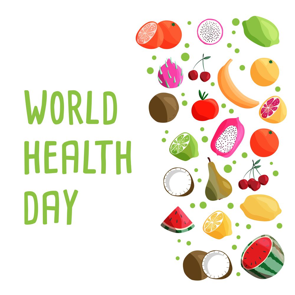 World health day square poster template with collection of fresh organic fruit. Colorful hand drawn illustration on white background. Vegetarian and vegan food.