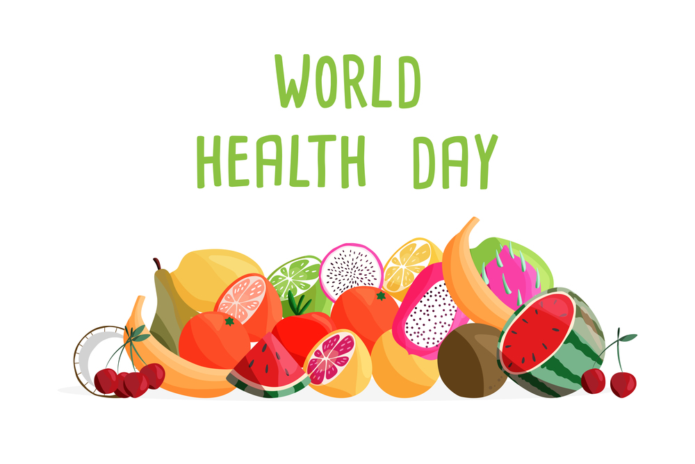 World health day horizontal poster template with collection of fresh organic fruit. Colorful hand drawn illustration on white background. Vegetarian and vegan food.