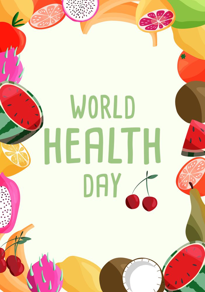 World health day vertical poster template with collection of fresh organic fruit. Colorful hand drawn illustration on light green background. Vegetarian and vegan food.