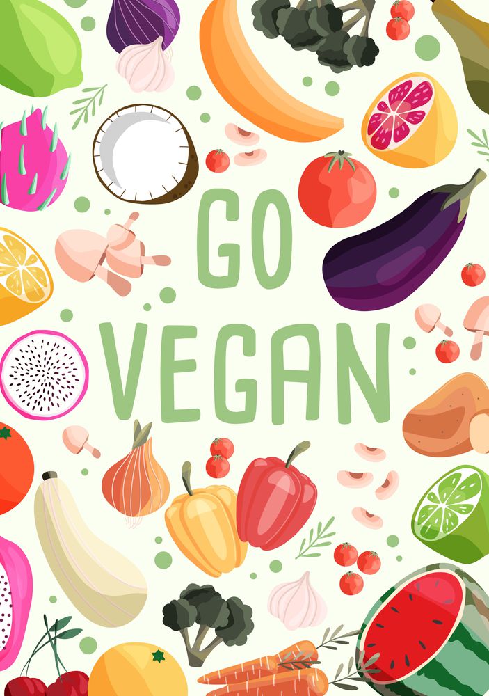 Go vegan vertical poster template with collection of fresh organic fruit and vegetable. Colorful hand drawn illustration on light green background. Vegetarian and vegan food.