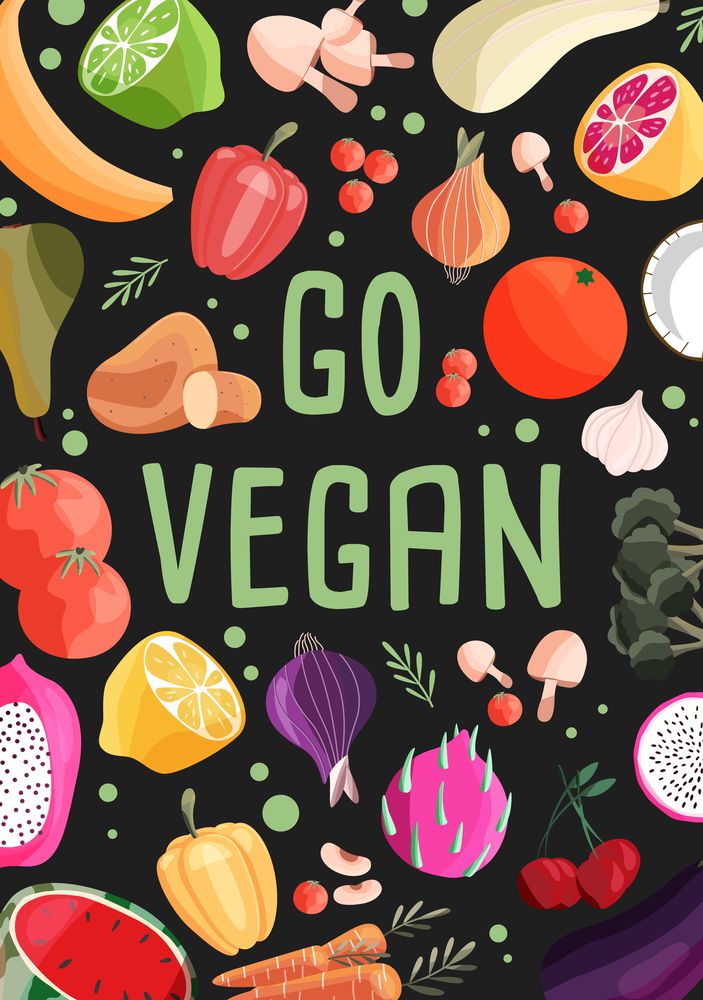 Go vegan vertical poster template with collection of fresh organic fruit and vegetable. Colorful hand drawn illustration on light green background. Vegetarian and vegan food.