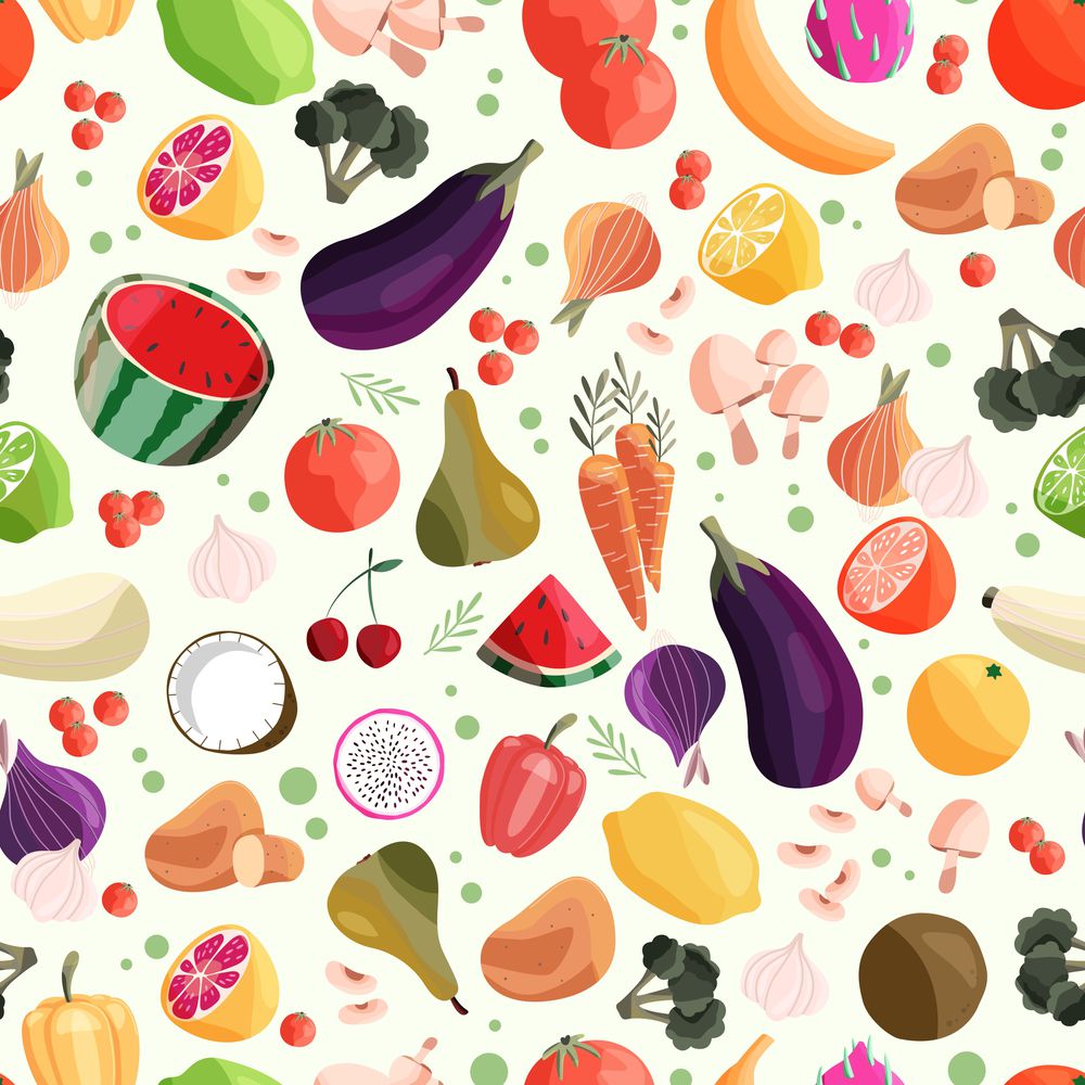 Seamless pattern with colorful fruit and vegetable. Hand drawn vector illustration design. Natural organic food. Wallpaper and fabric design.