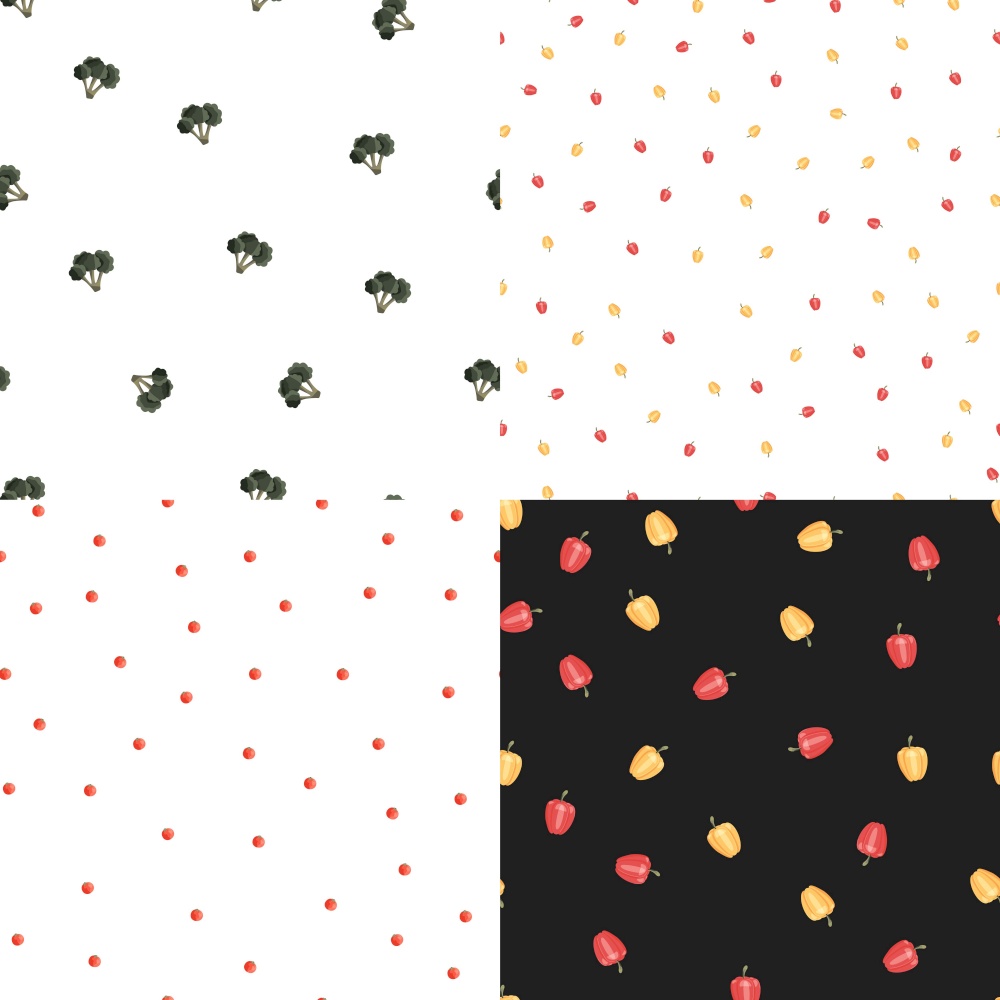 Collection of four seamless patterns with colorful vegetables. Hand drawn vector illustration design with broccoli, bell pepper and cherry tomatoes. Natural organic food. Wallpaper and fabric design.