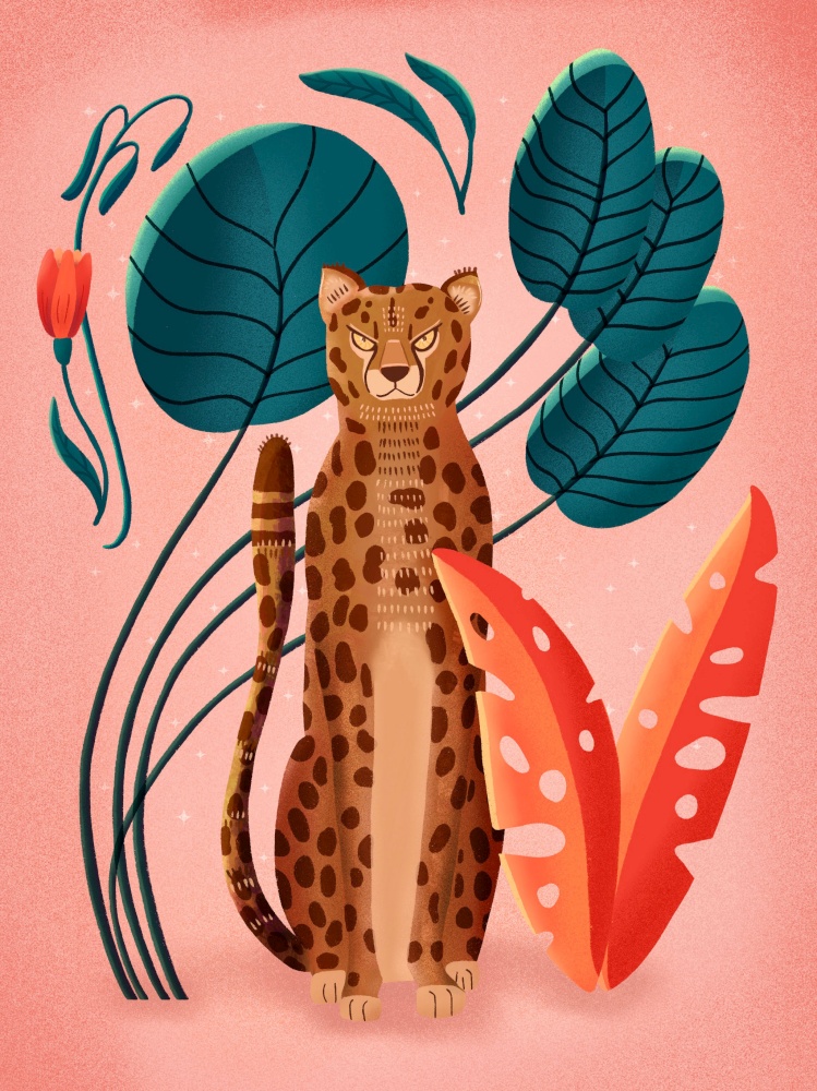 Portrait of a cheetah on pink background surrounded with colorful plants, palm leaves and flowers. Hand drawn illustration.