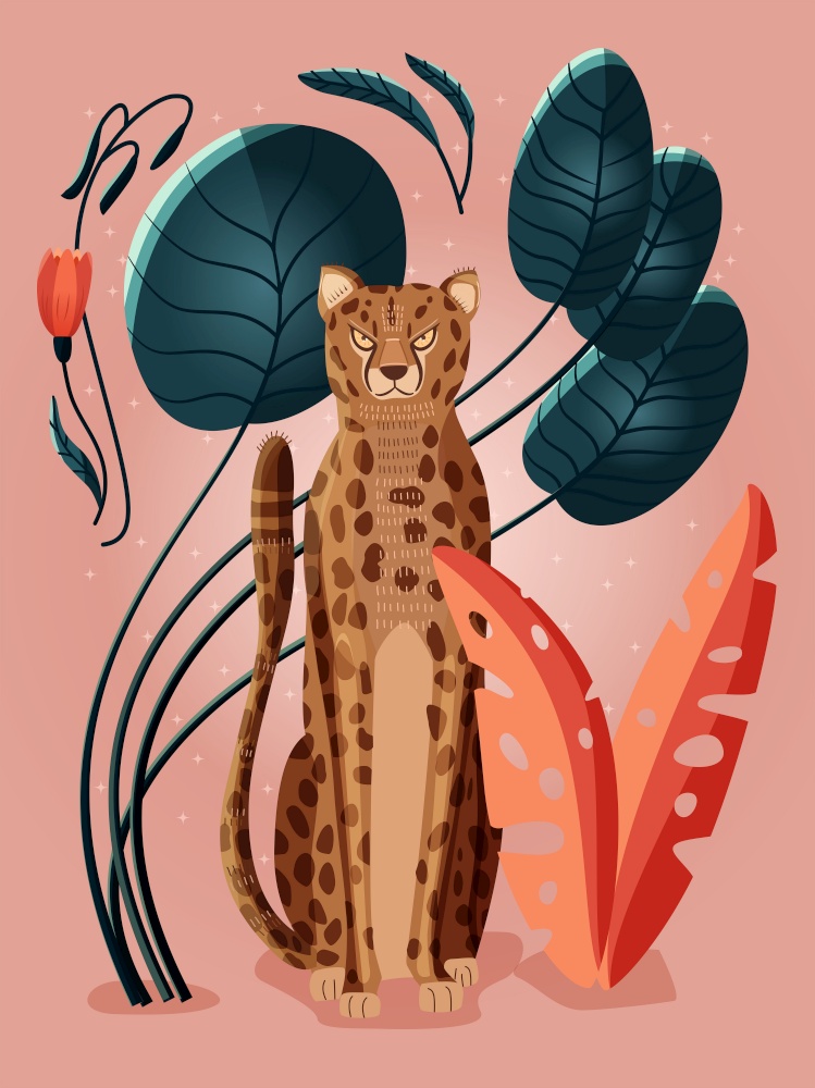 Portrait of a cheetah on pink background surrounded with colorful plants, palm leaves and flowers. hand drawn vector illustration.