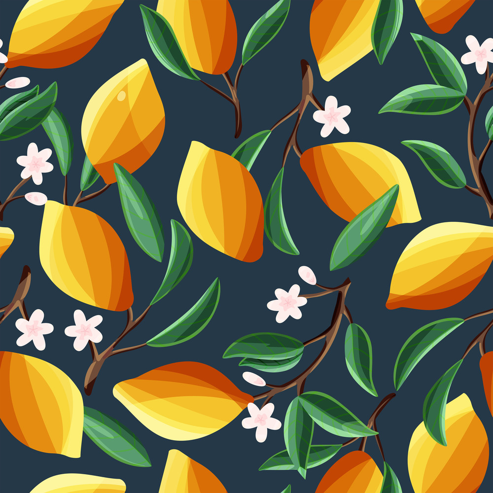 Lemons on tree branches, seamless pattern. Tropical summer fruit, on dark blue background. Abstract colorful hand drawn illustration.
