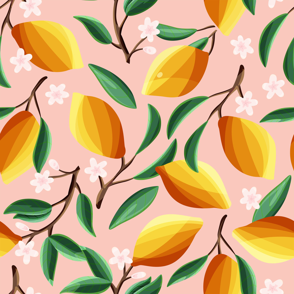 Lemons on tree branches, seamless pattern. Tropical summer fruit, on pink background. Abstract colorful hand drawn illustration.