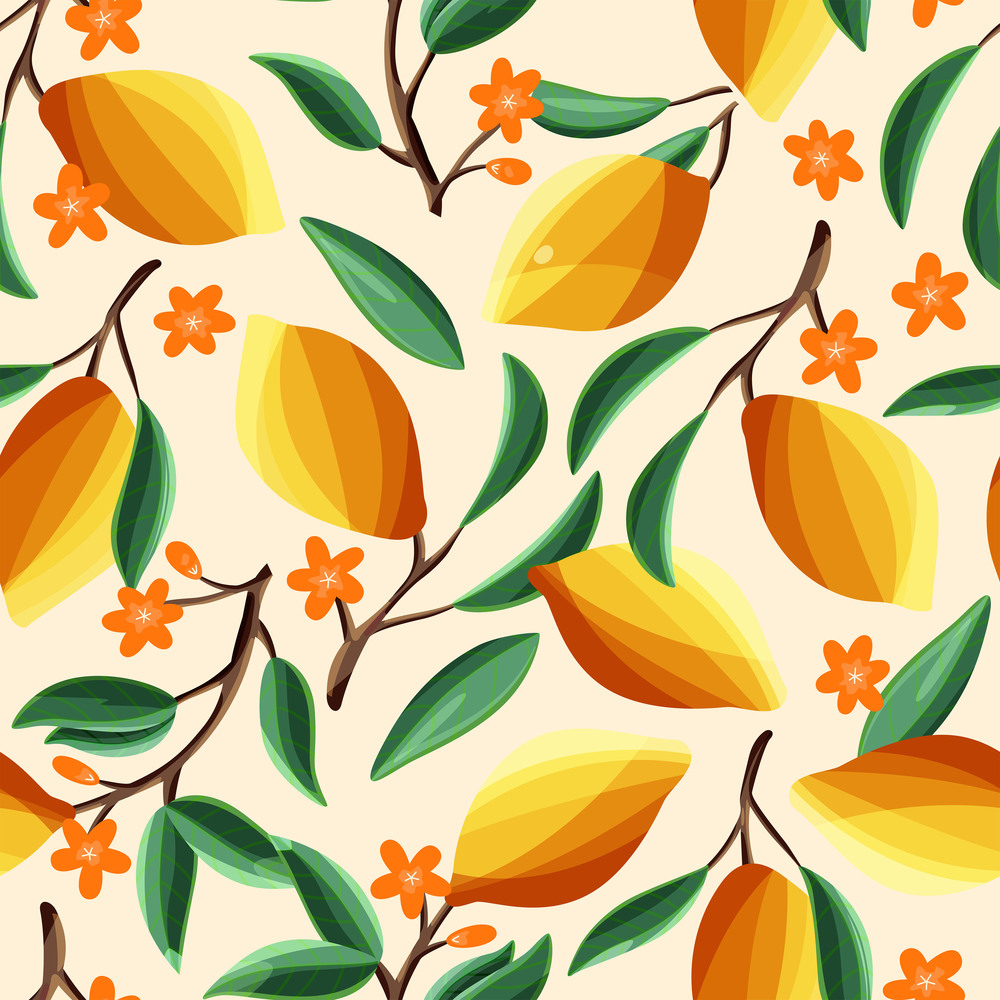 Lemons on tree branches, seamless pattern. Tropical summer fruit, on beige background. Abstract colorful hand drawn illustration.