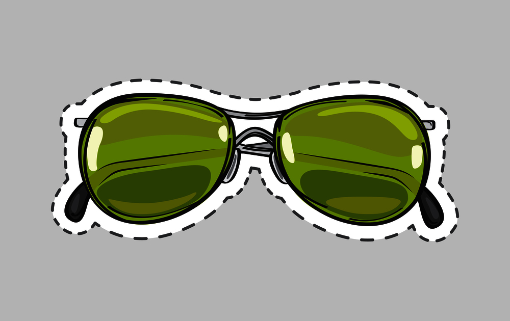Classical green sunglasses icon patch. Glasses cut out. Unisex model, frame for man and woman. Eyeglasses with dashed line sticker. Hipster glasses. Metal framed retro glasses. Vector illustration. Classic Glasses Icon Patch Isolated Cut Out Vector