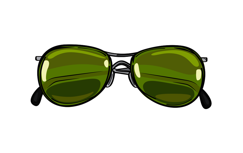 Fashionable sunglasses with green lenses isolated on background. Glamorous hipster spectacles for modern and elegant summer and spring looks. Vector illustration of trendy glasses.. Fashionable Green Sunglasses Isolated Illustration