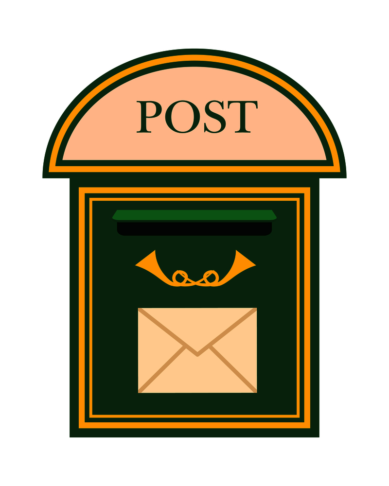 Traditional wall mounted metal mailbox with horns and envelope flat vector illustration. Vintage green mail house for letters isolated on white background. Classic postal box for correspondence