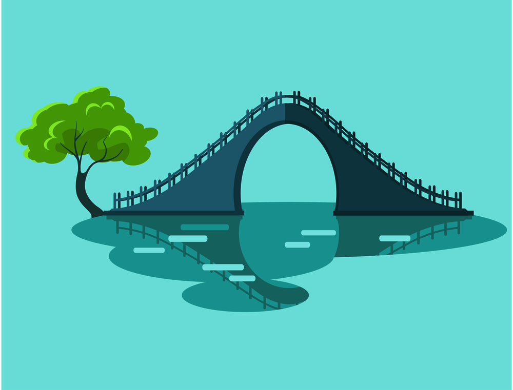 Lunar bridge with green tree in Taiwan isolated on blue. Oval circle resulting from reflection symbolizes moon and sky, which gave name to this type of engineering facilities vector illustration. Lunar Bridge with Green Tree in Taiwan Flat Icon