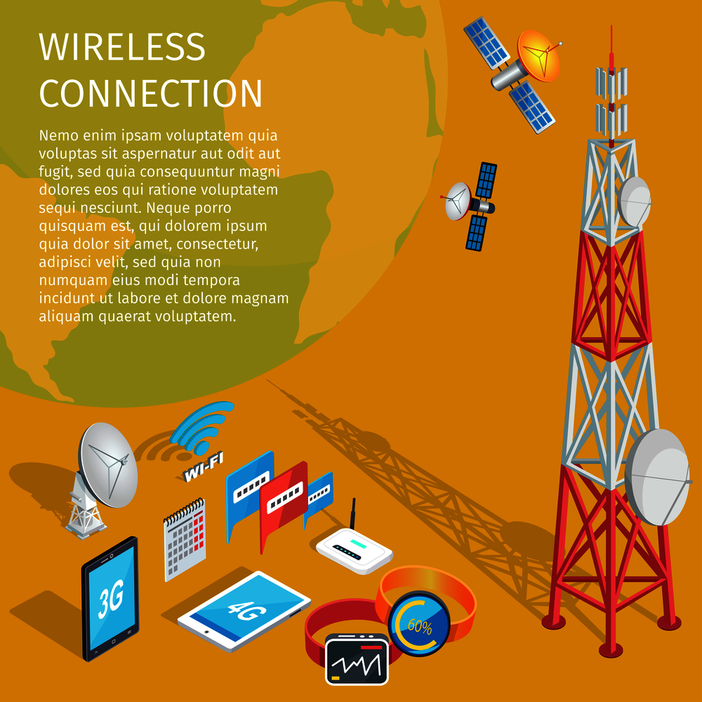 Equipment of wireless connection on yellow background. Vector illustration of volant satellites transmits to high tower with dishes. Two smart watches, wi-fi router, tablet and phone, monthly calendar. Equipment of Wireless Connection High Tower Beep