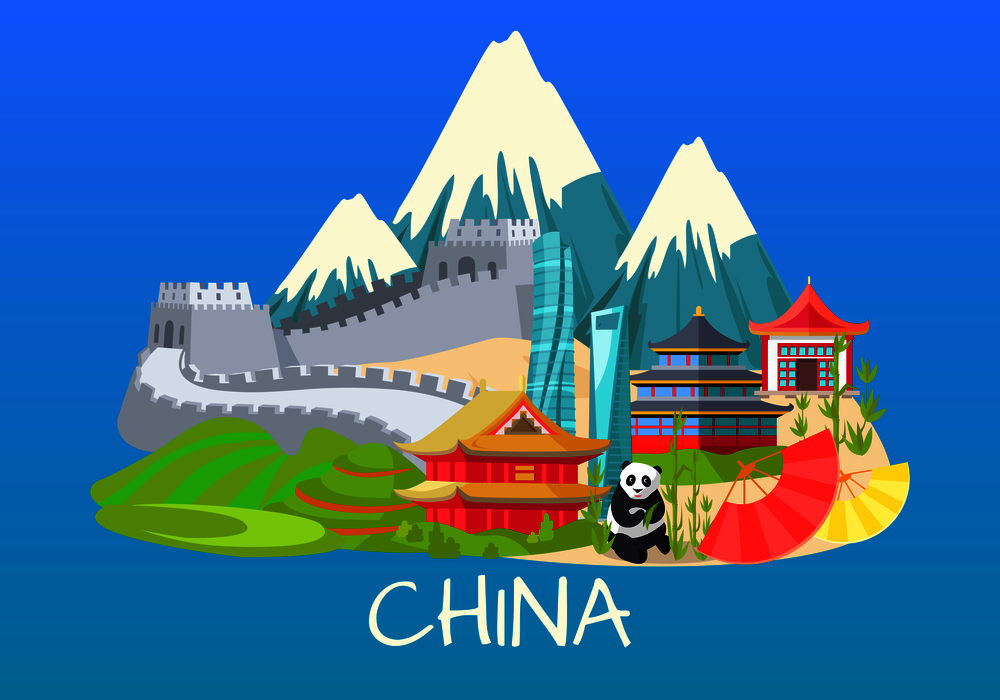 Vector illustration of mountains with white tops, Great wall of China on sand, building in asian style and inscription, rare panda, asian dwellings of different types vector design illustration. Great Wall of China, Asian Building, Rare Panda