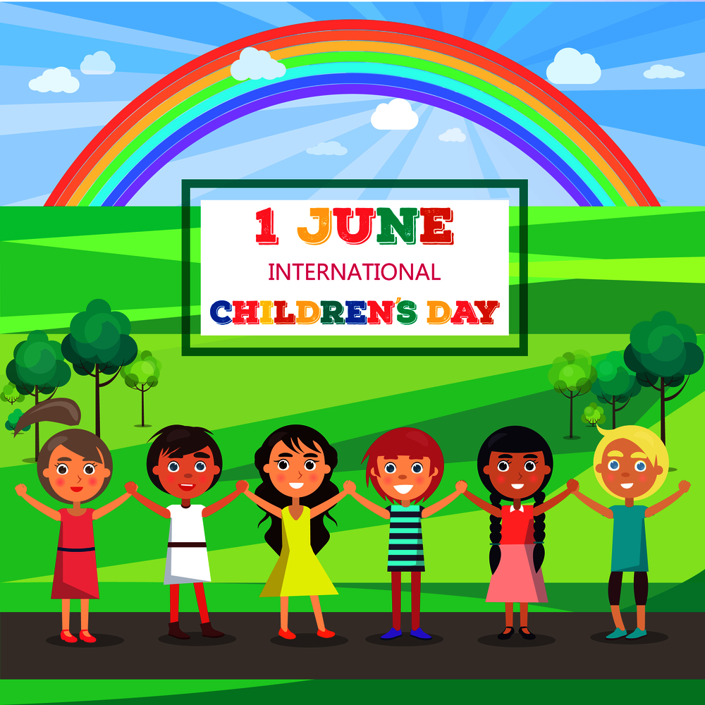 Happy childrens day colorful vector poster of happy kids with raised hands standing on road near green territory with rainbow in sky. Happy Childrens Day Poster with Kids in Park
