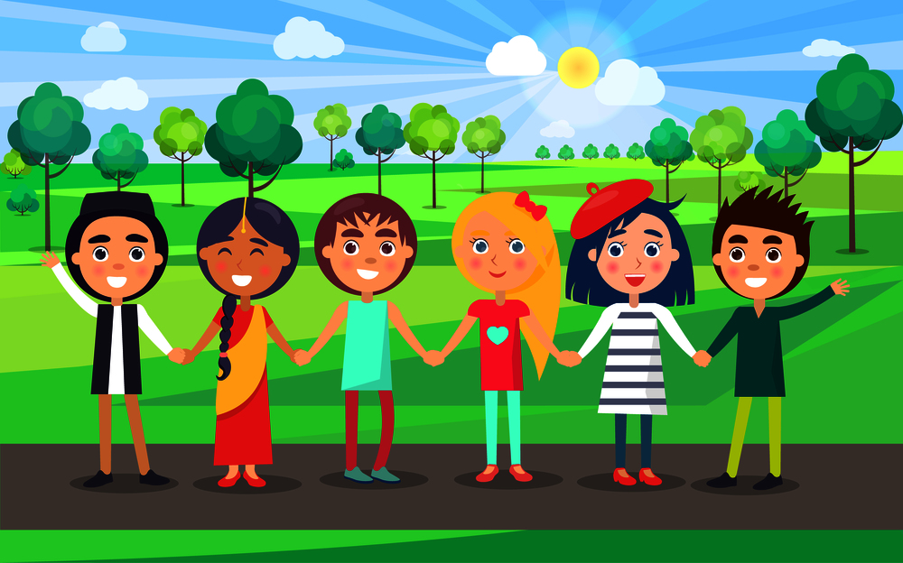 Multicultural group of children standing on park path and hold each other hands. Children demonstrating counties friendship.. Multicultural Friendly Group of Kids in Summer Park