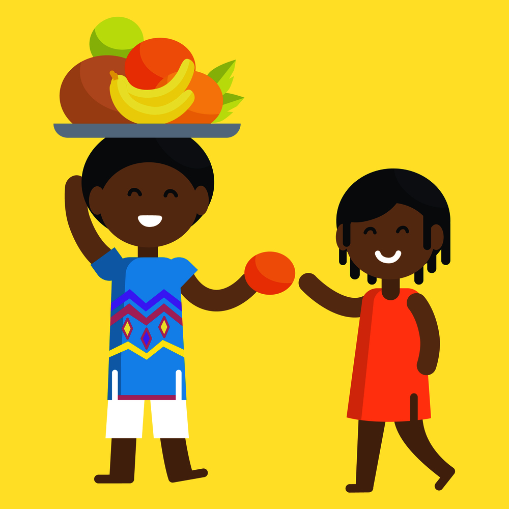African boy holds tray with tropical fruits and gives orange to girl in orange dress isolated vector illustration on yellow background.. African Boy Holds Tray and Give orange to Girl