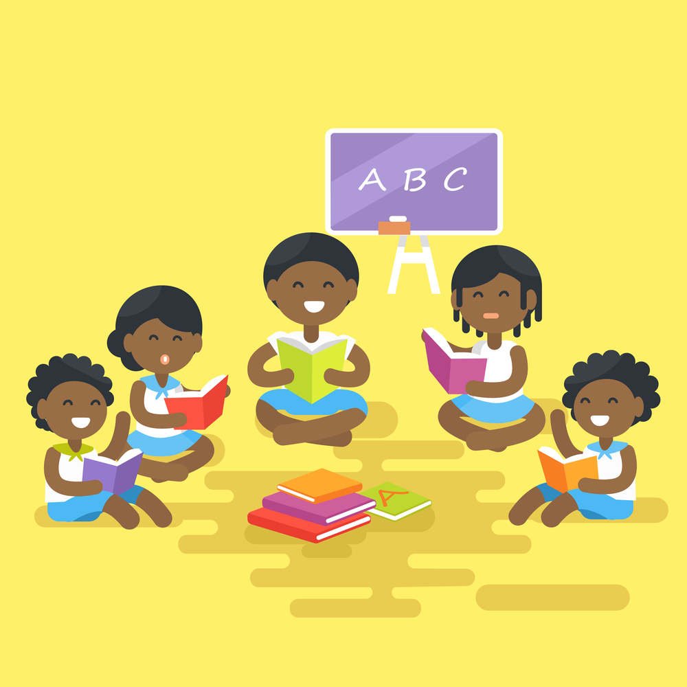 African children sit in circle with books pile in center, learn reading, blackboard with chalk stands behind vector illustration on yellow background.. African Children Read Books Isolated Illustration