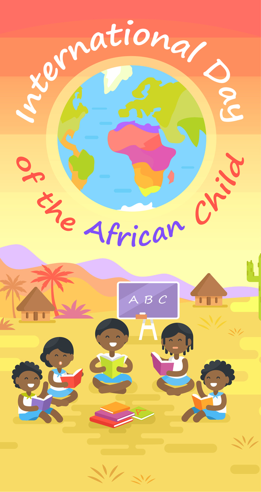 International day of African child colorful vector poster with happy kids sitting in circle and reading books on fresh air. International Day of African Child Colorful Poster