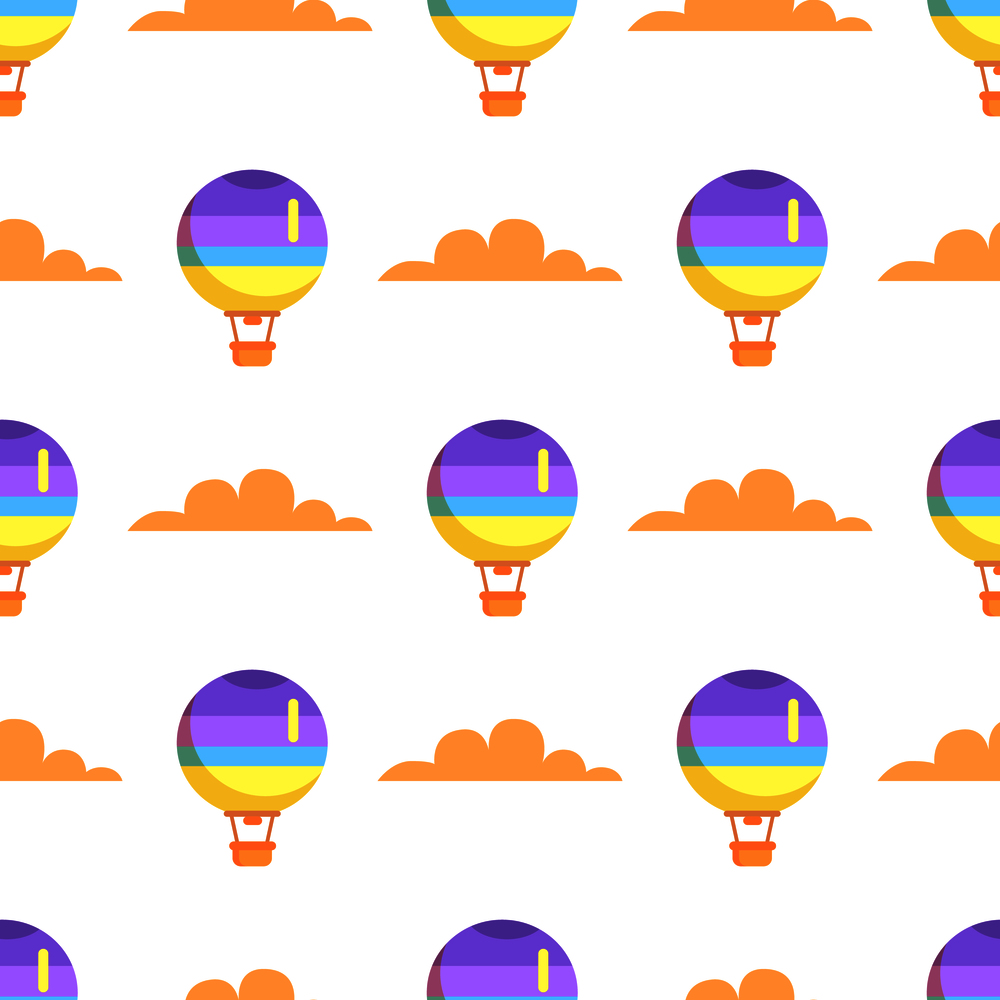 Hot air balloon with basket flying in sky seamless pattern isolated on white background. Vector illustration of romantic means of transport. Hot Airballoon with Basket in Sky Seamless Pattern